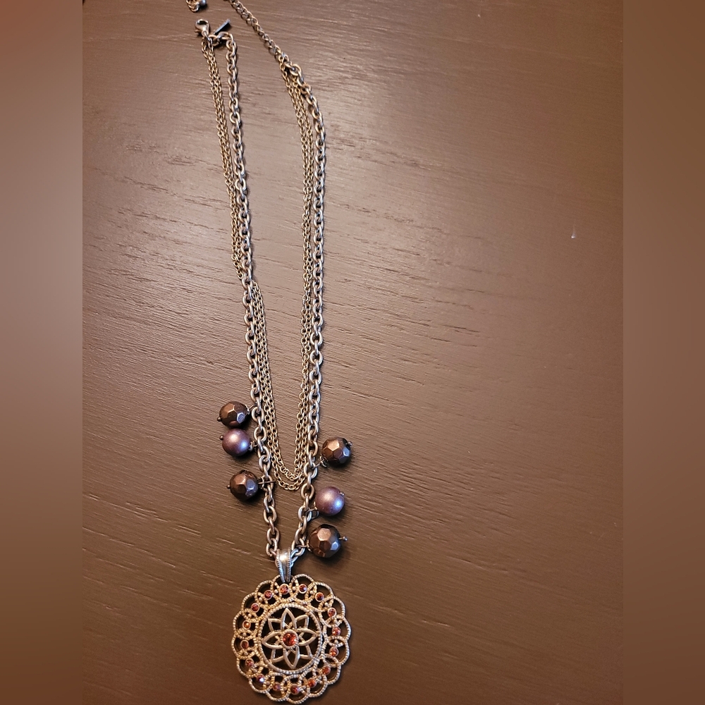 Gold Pendant Necklace with Brown Beads